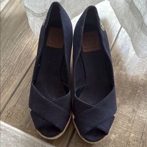 Tory Burch Black Wedge Shoes with Peep-Toe Design